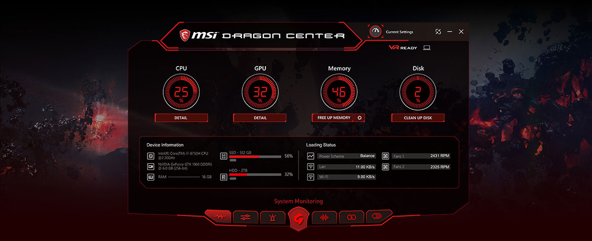 Screenshot of the Dragon center utility software